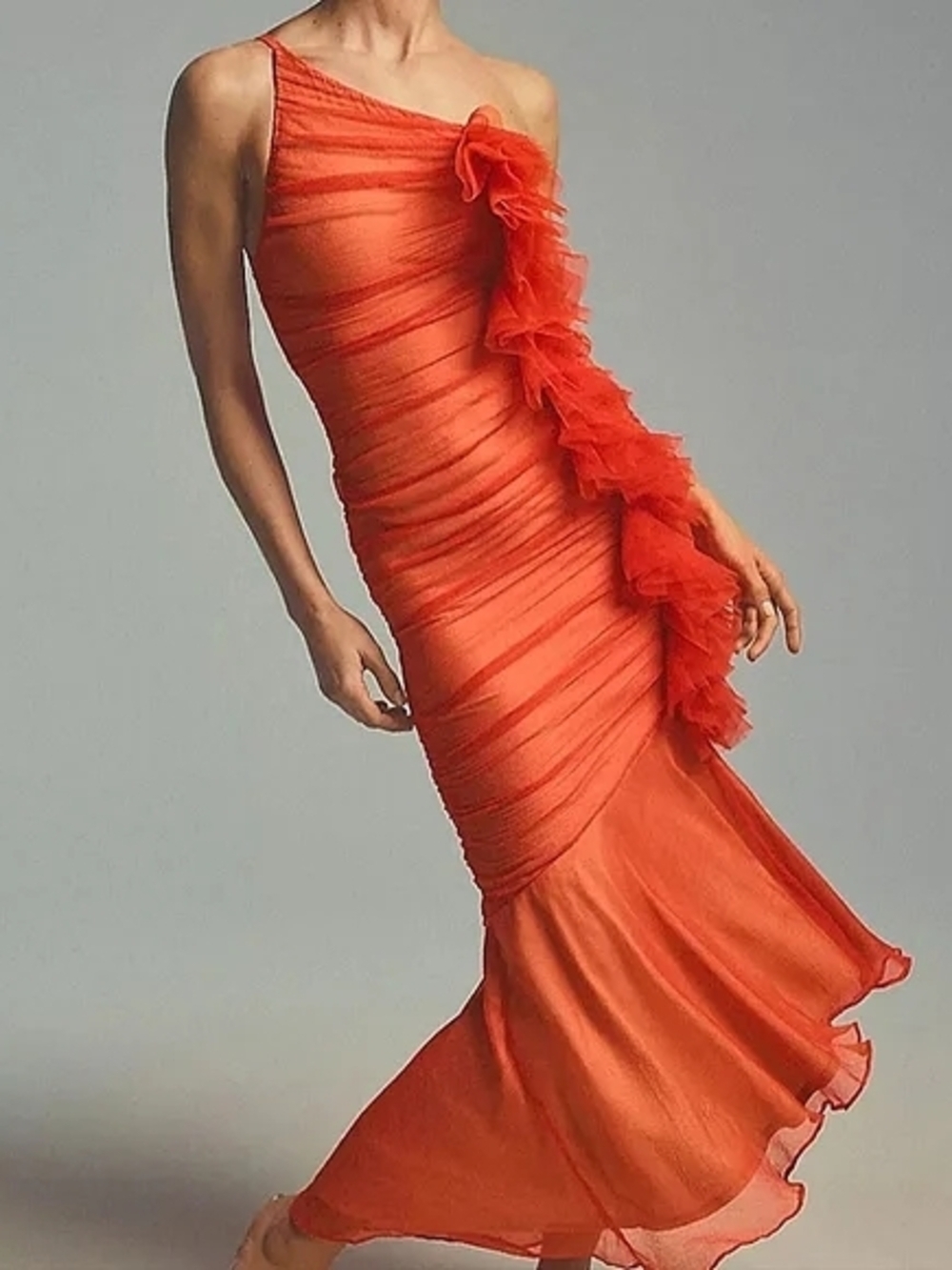 Asymmetrical One-Shoulder Ruffle Orange Evening Dress